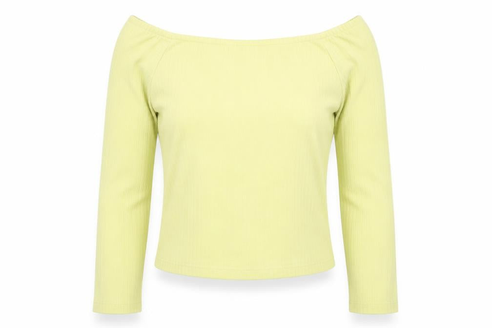 Front view of Selected women’s yellow polyester cropped blouse, size UK 10, boat neck