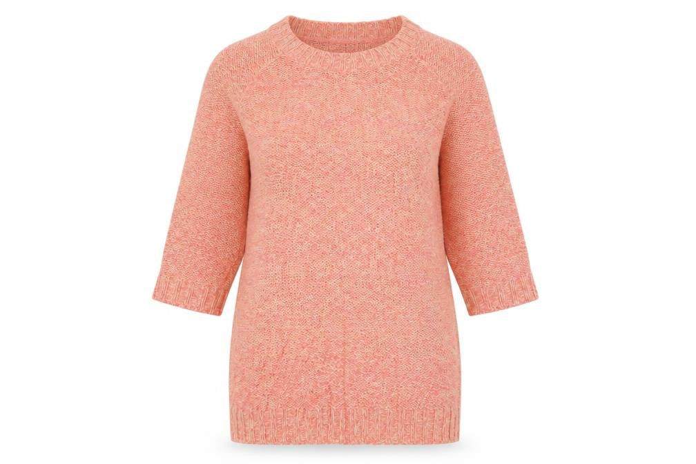 Front view of H&M women’s pink round neck acrylic tunic jumper, size S