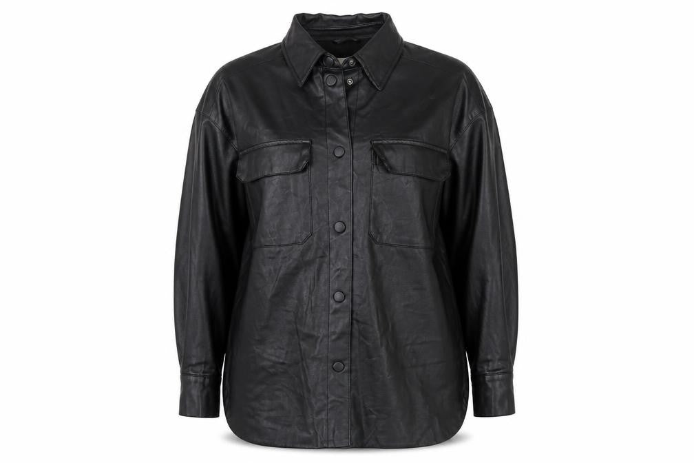 Front view of H&M women’s black polyester basic button-up, size XS, collared - overshirt