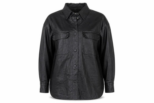 Front view of H&M women’s black polyester basic button-up, size XS, collared - overshirt
