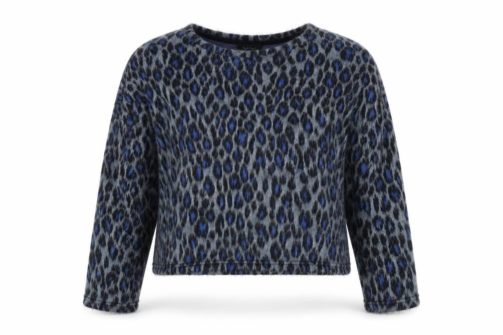 Front view of New Look women’s blue animal print acrylic basic blouse, size L, round neck - leopard pattern