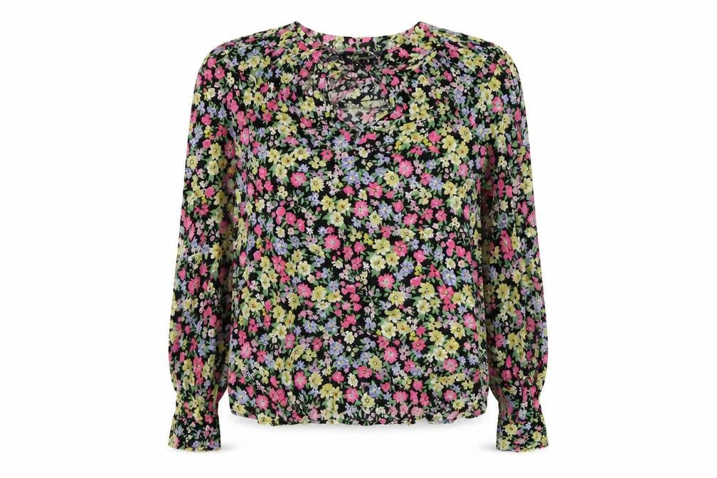 Front view of Marks & Spencer women’s multicoloured floral viscose basic blouse, size UK 8, round neck