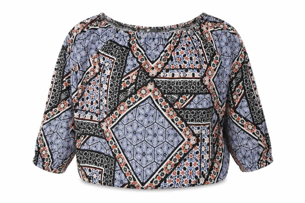 Front view of Very women’s multicoloured geometric 100% cotton basic blouse, size UK 14, off the shoulder