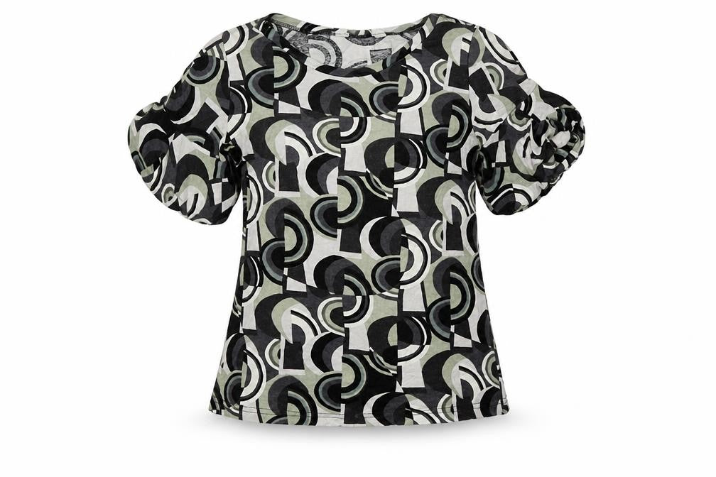 Front view of New Look girls’ multicoloured geometric viscose basic blouse, size 12-13, years round neck pullover