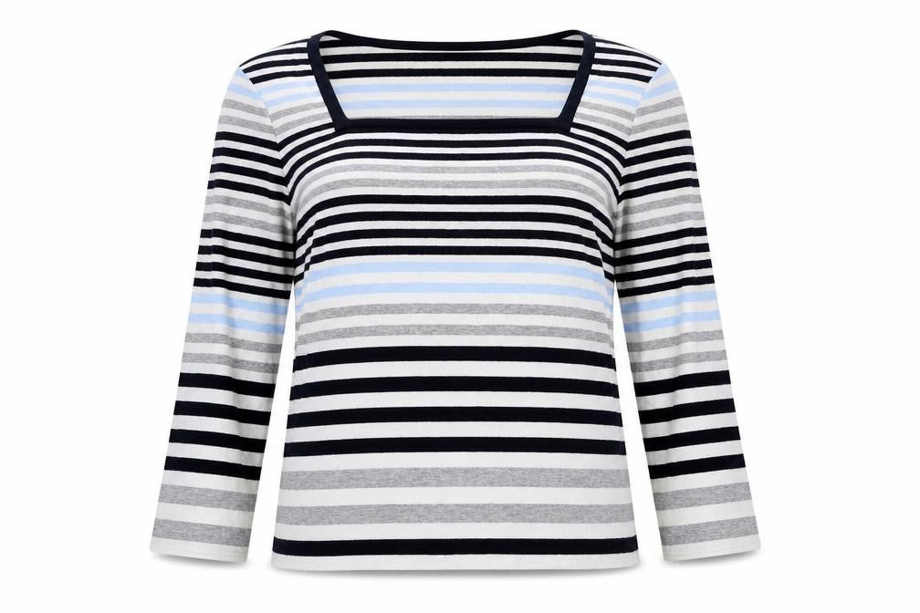 Front view of Country Casuals women’s blue striped 100% cotton basic blouse, size M, square neck