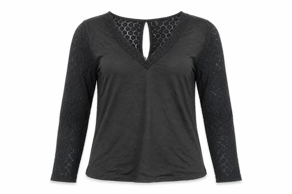 Front view of SHEIN Shien women’s black polyester basic blouse, size M, v-neck - lace detail