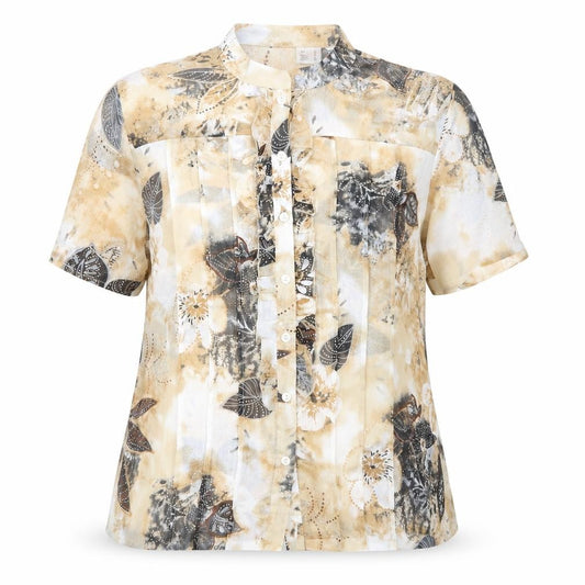 Front view of Preworn women’s beige floral polyester basic button-up, size UK 16, mock neck