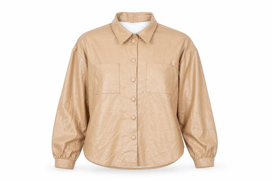 Front view of In the Style women’s brown jacket, size UK 16, button