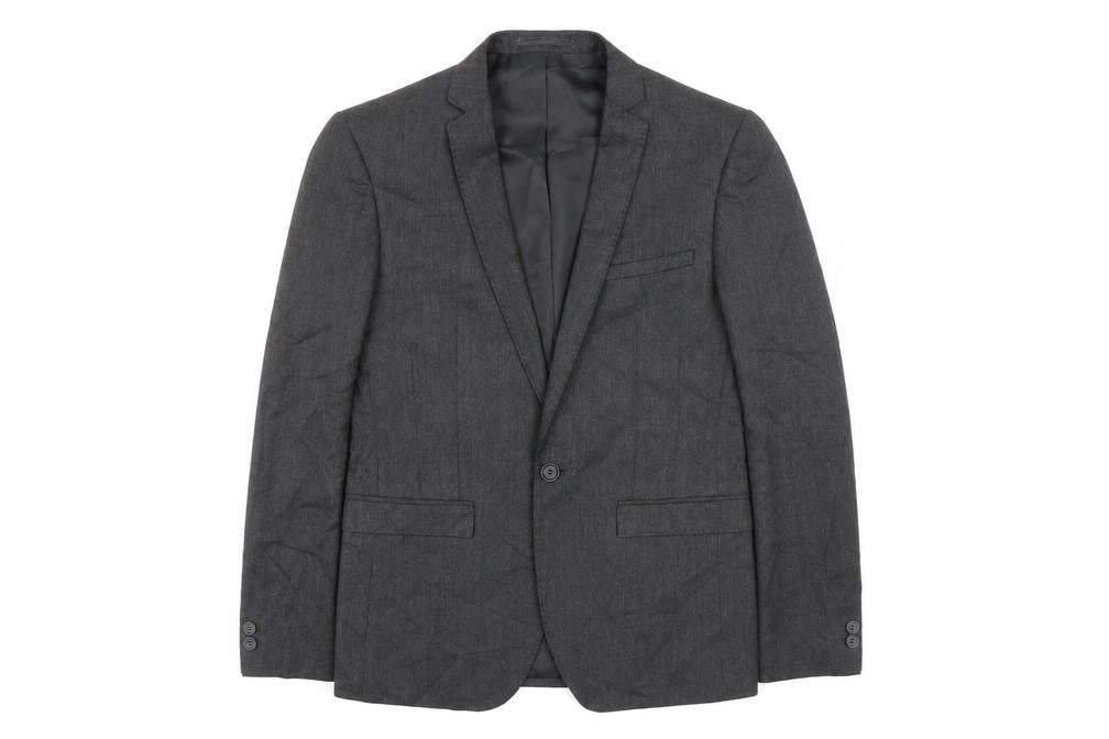 Front view of Moss London men’s grey polyester jacket blazer, size 36