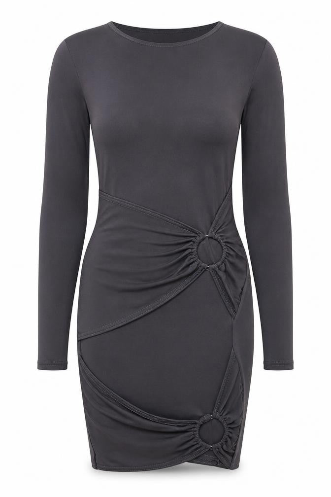 Front view of PRETTYLITTLETHING women’s grey polyester bodycon, size UK 8, round neck pullover