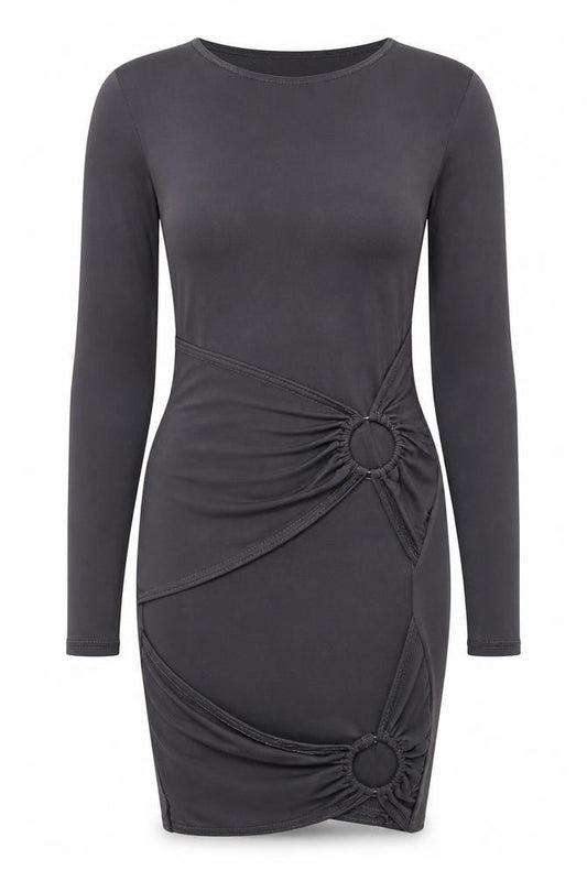 Front view of PRETTYLITTLETHING women’s grey polyester bodycon, size UK 8, round neck pullover