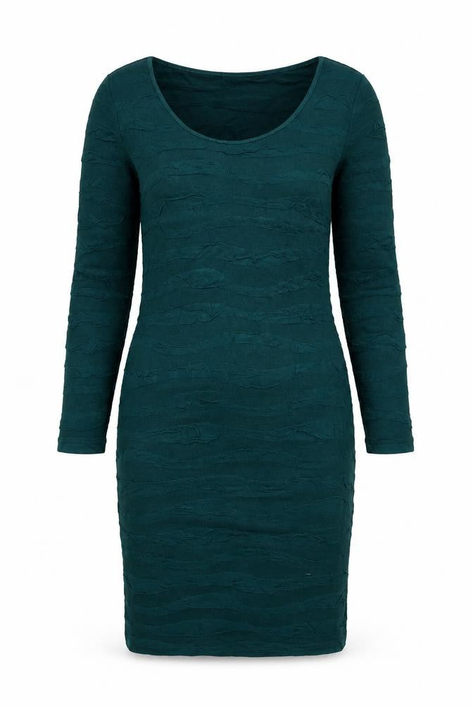 Front view of Fransa women’s green striped viscose bodycon, size S, scoop neck pullover