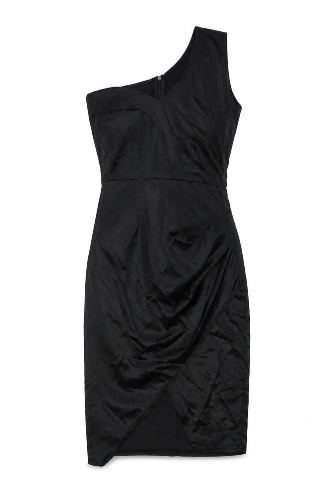 Front view of Femme Luxe women’s black polyester bodycon, size UK 6, one shoulder zip