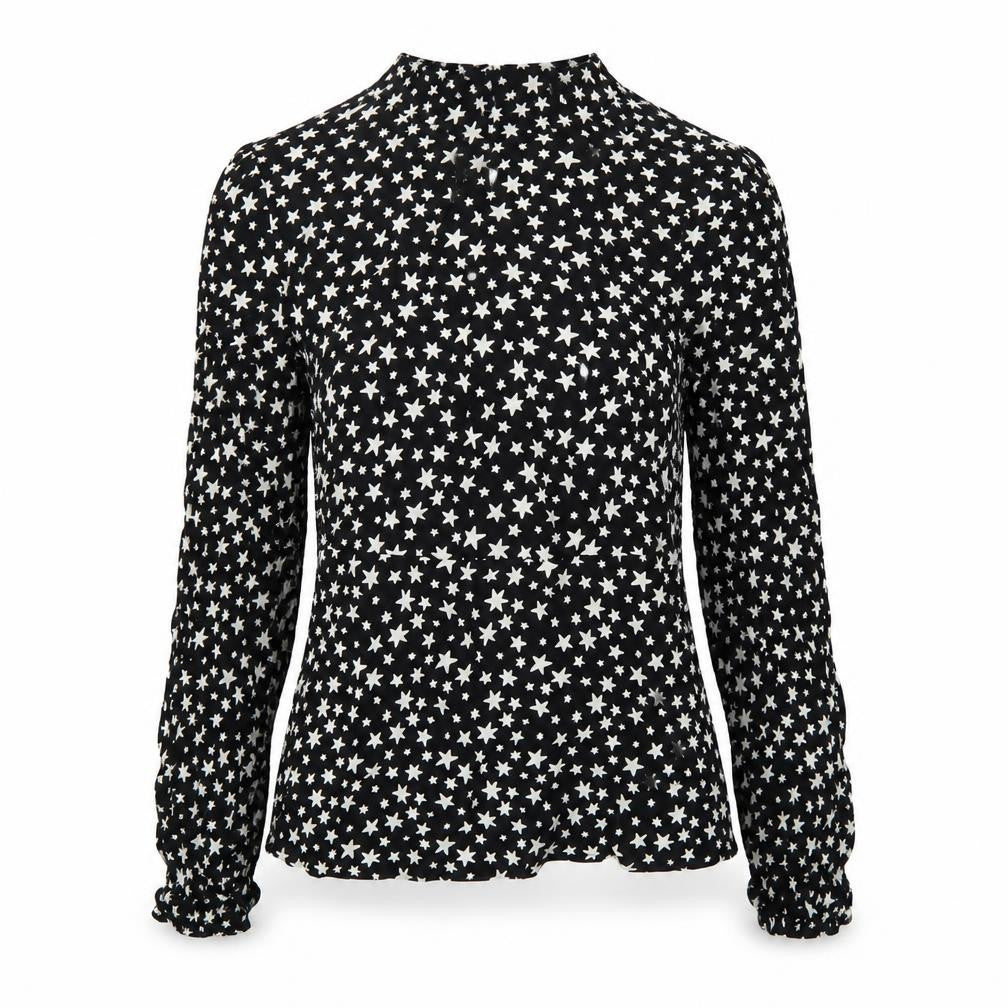 Front view of Marks & Spencer women’s beige geometric viscose basic blouse, size UK 6, round neck - star print