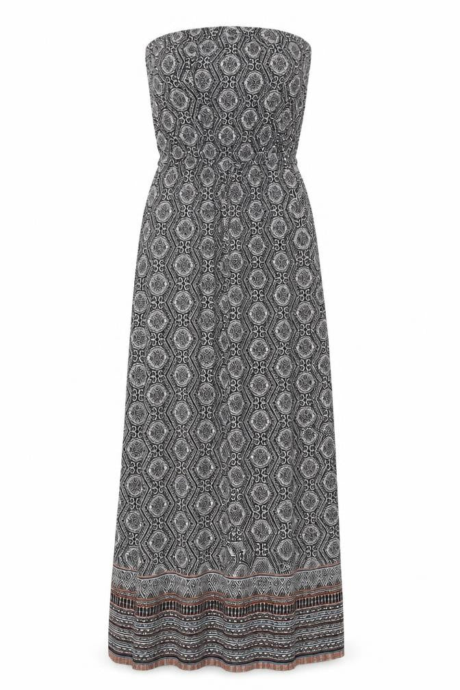 New Look Womens Black Geometric Viscose Maxi Size 8 Off the Shoulder Tie - Bandeau Dress