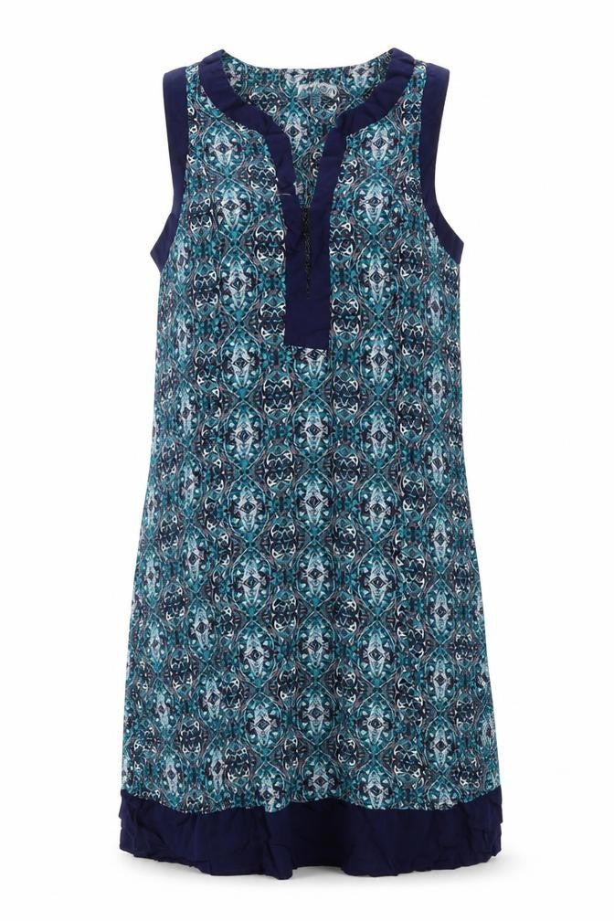 Front view of Apricot women’s blue geometric viscose shift, size UK 10, v-neck pullover
