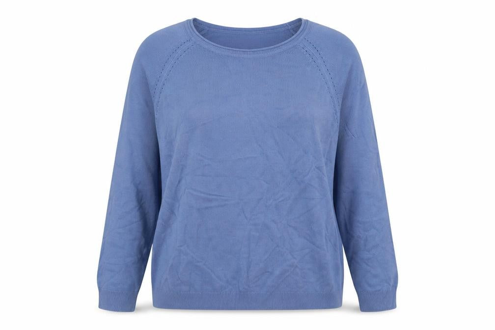 Front view of Ridge & Co women’s blue round neck acrylic jumper, size UK 14