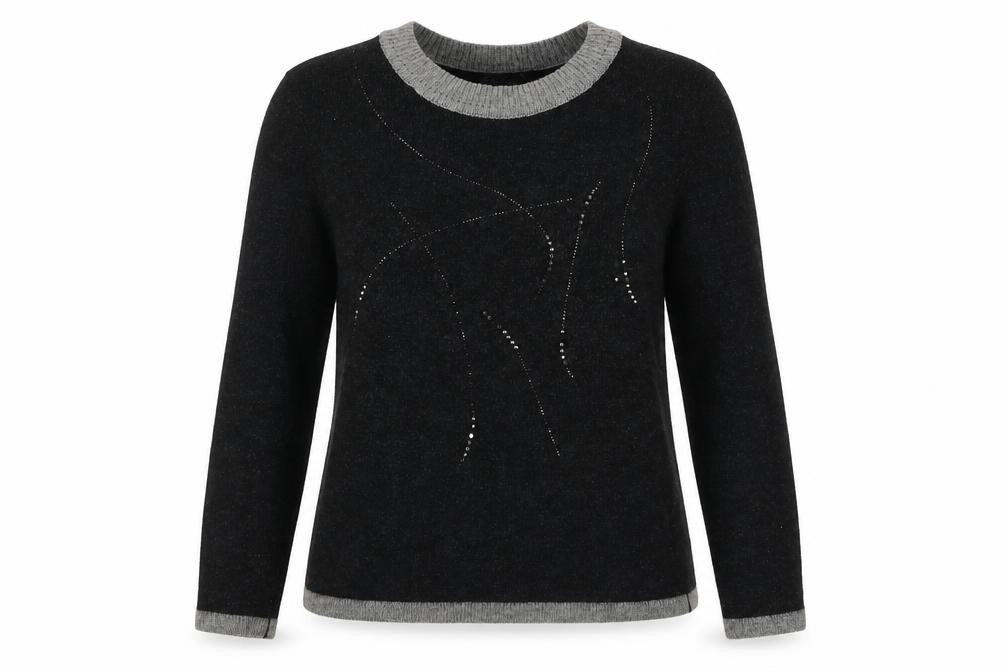 Front view of Saloos women’s multicoloured round neck geometric acrylic jumper, size UK 12