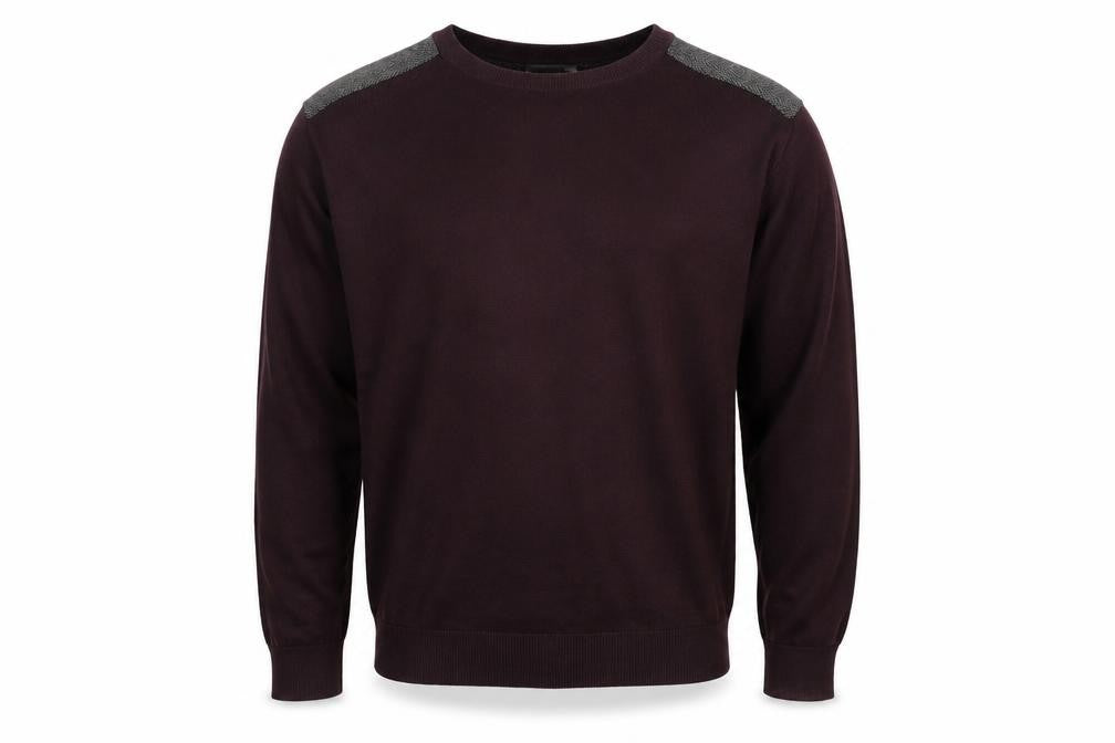 Front view of Burton men’s red round neck acrylic jumper, size XL