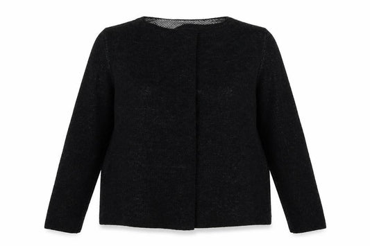 Front view of Debenhams women’s grey round neck acrylic cardigan jumper, size UK 14