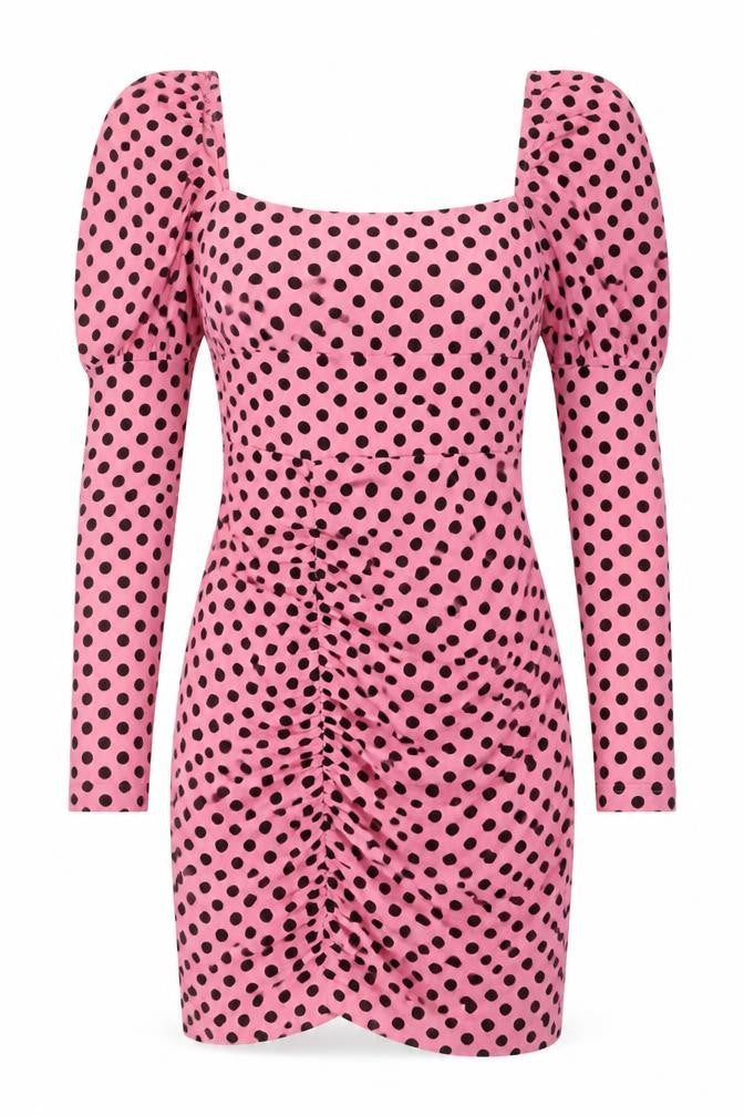 Front view of Naanaa women’s pink polka dot polyester bodycon, size UK 8, square neck zip