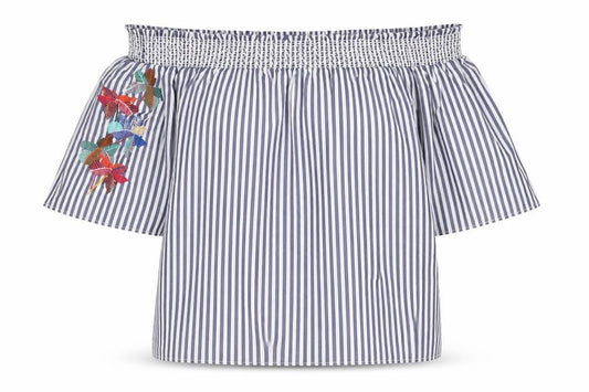 Front view of Marks & Spencer women’s blue striped polyester basic t-shirt, size UK 14, off the shoulder