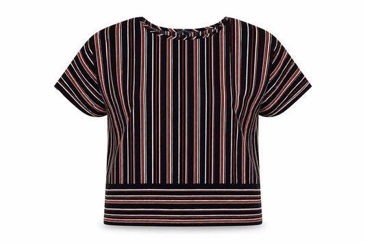Front view of Papaya women’s multicoloured striped polyester basic t-shirt, size UK 10, round neck