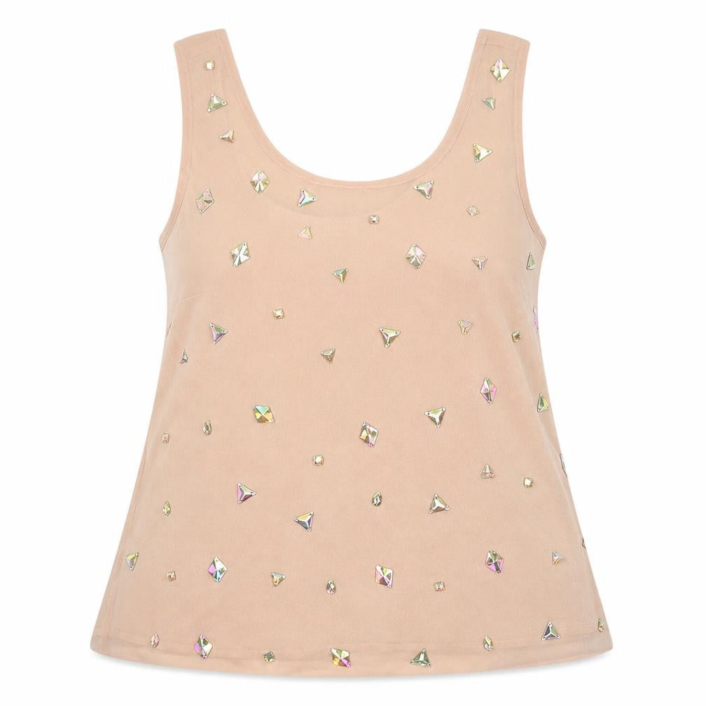 Front view of New Look women’s beige polyester jersey tank, size UK 8, round neck