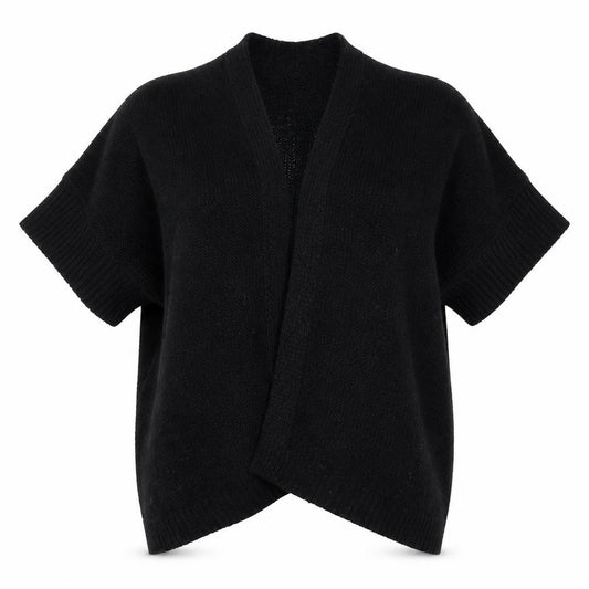 Front view of Moda women’s black v-neck polyester cardigan jumper, size M