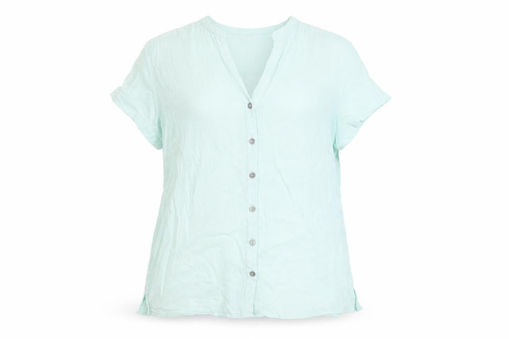 Front view of Marks & Spencer women’s blue cotton basic button-up, size UK 14, v-neck