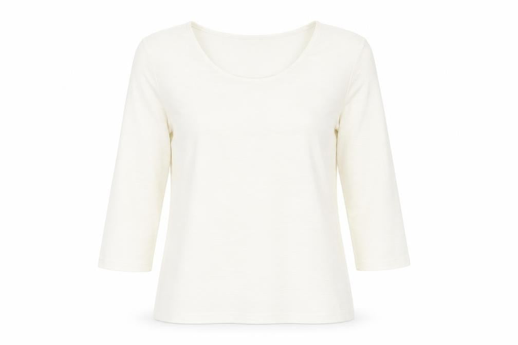 Front view of Klass women’s white geometric polyester basic blouse, size M, round neck