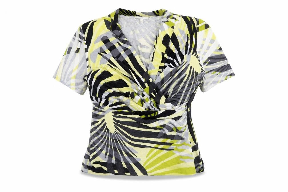 Front view of Country Casuals women’s multicoloured geometric viscose basic blouse, size S, v-neck