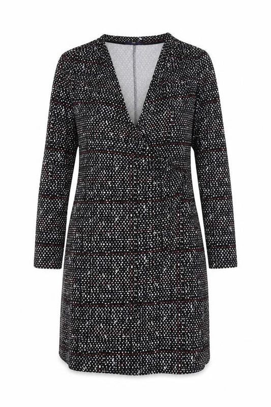 Front view of Gap women’s black geometric viscose wrap dress, size S, v-neck pullover