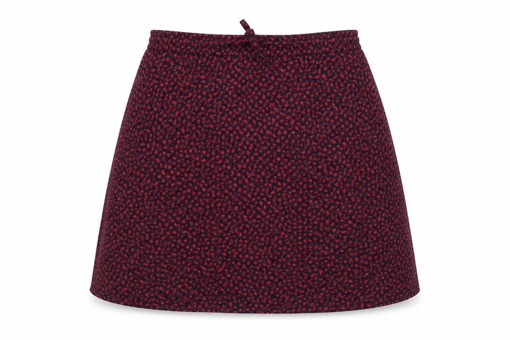 Front view of Somewhere women’s blue geometric viscose a-line skirt, size UK 14, drawstring