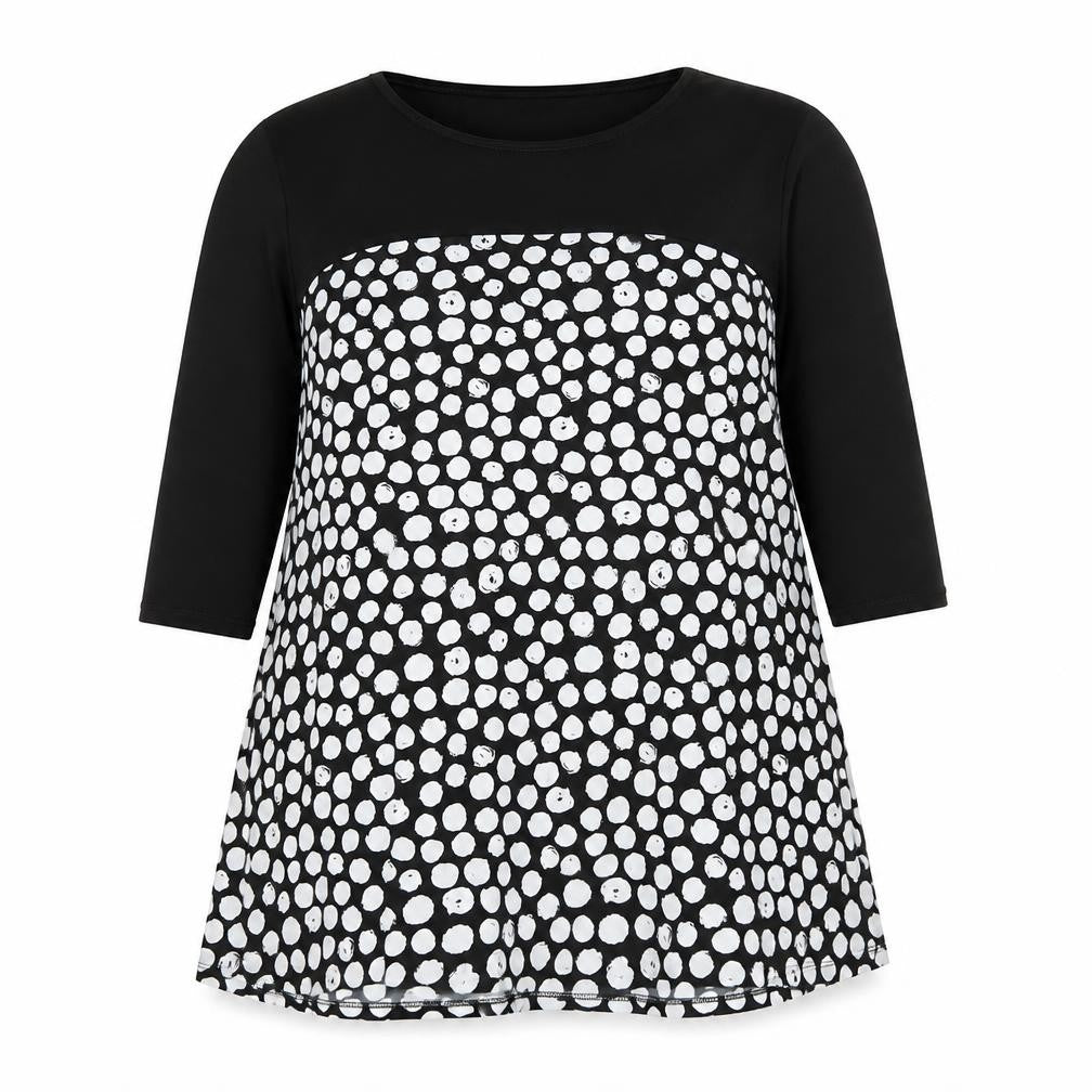 Front view of Grace women’s black polka dot polyester a-line, size UK 14, round neck pullover