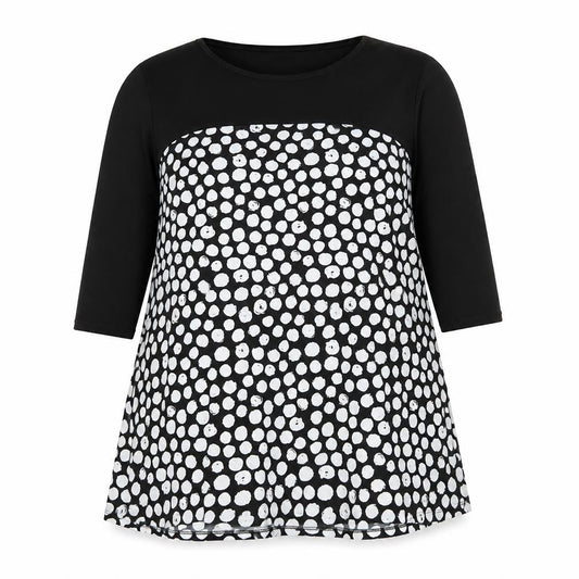 Front view of Grace women’s black polka dot polyester a-line, size UK 14, round neck pullover