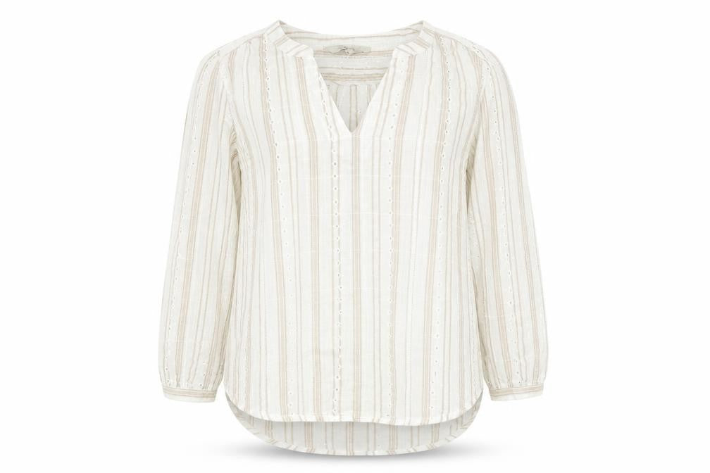 Front view of Next women’s ivory striped cotton basic blouse, size UK 6, v-neck