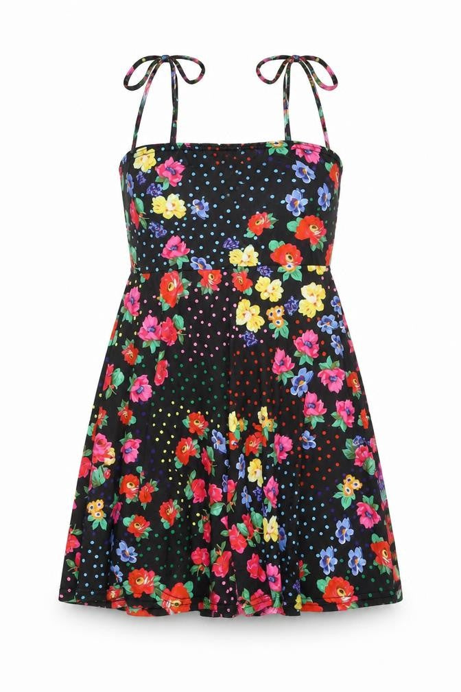 Select Womens Black Floral Polyester Skater Dress Size 6 Square Neck Tie