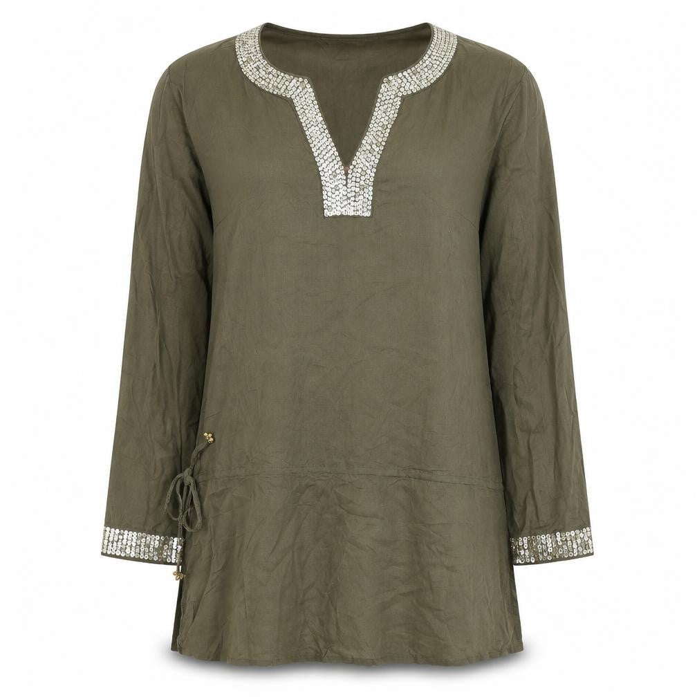Front view of George women’s green cotton shift, size UK 12, v-neck pullover