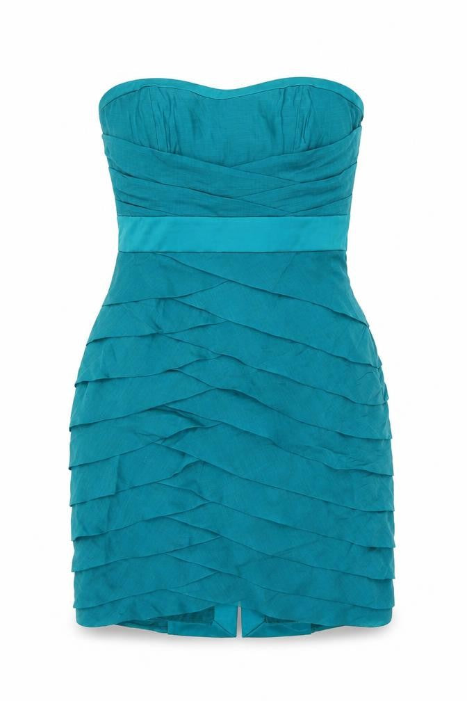Front view of Coast women’s blue lyocell mini, size UK 12, off the shoulder zip