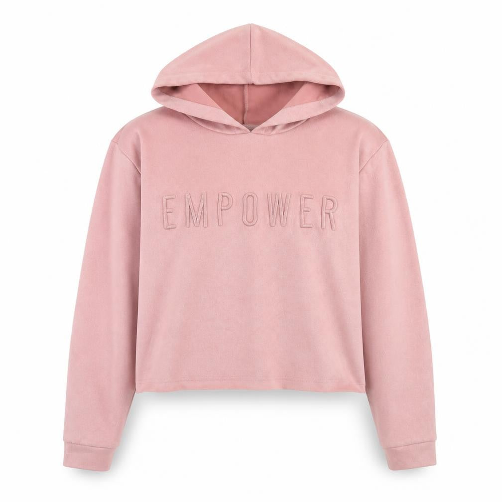 Front view of Primark women’s pink polyester pullover hoodie, size UK 10, pullover - empower