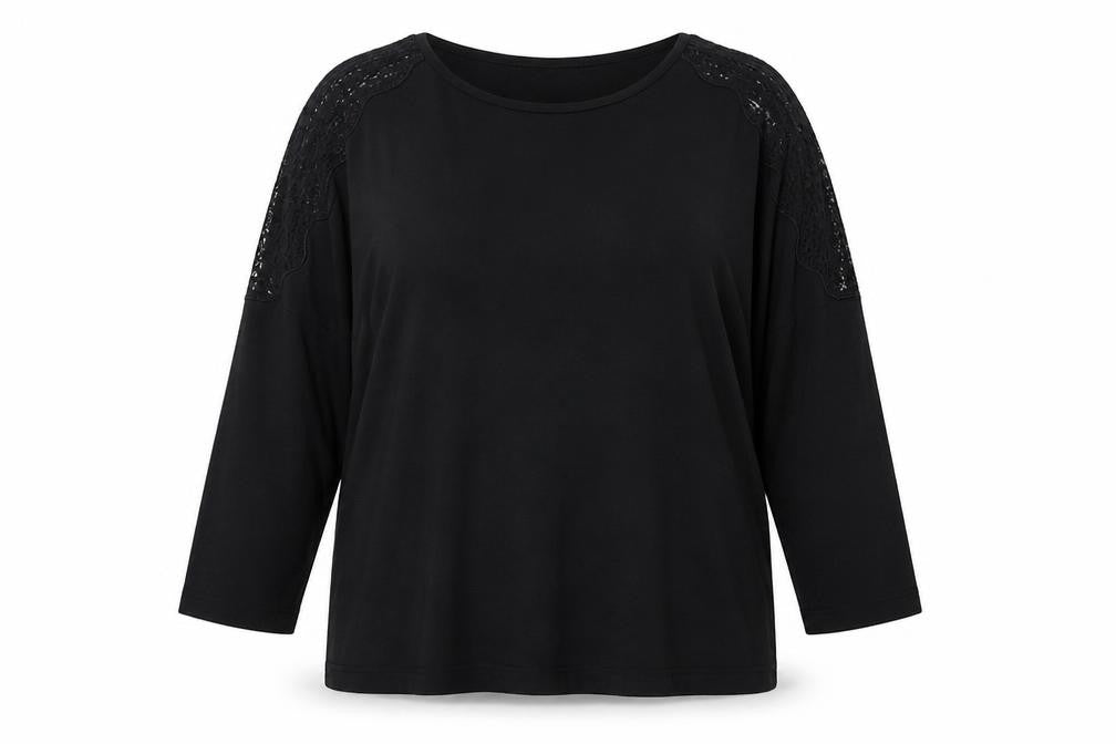 Front view of Per Una women’s black round neck cotton jumper, size UK 12, - lace