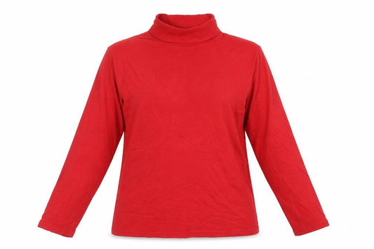 Front view of Isle women’s red cotton basic t-shirt, size L, roll neck