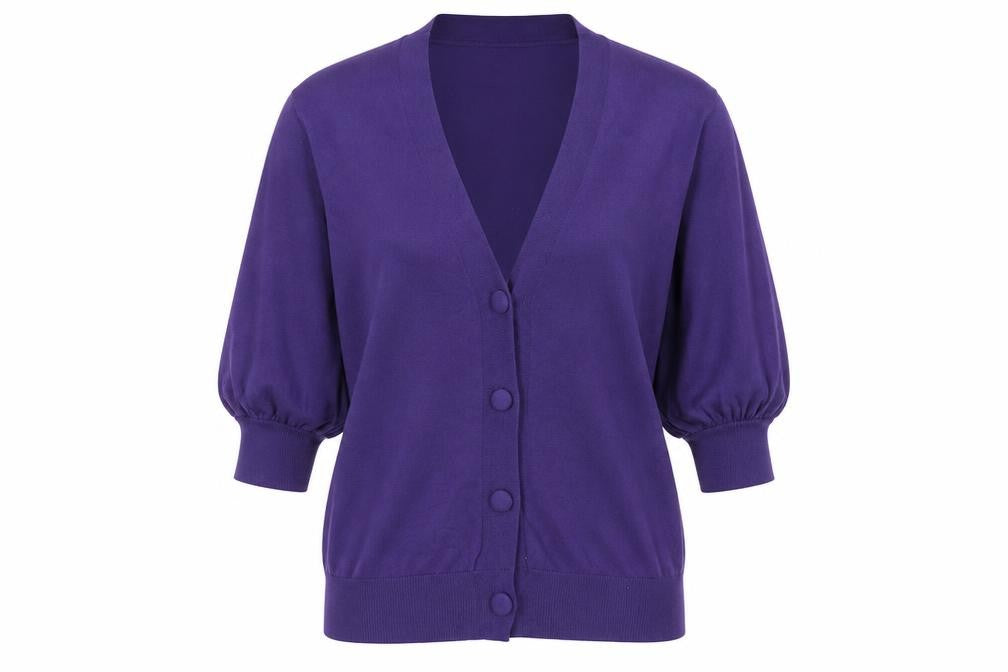 Front view of Heartbreak women’s purple v-neck polyamide cardigan jumper, size UK 8