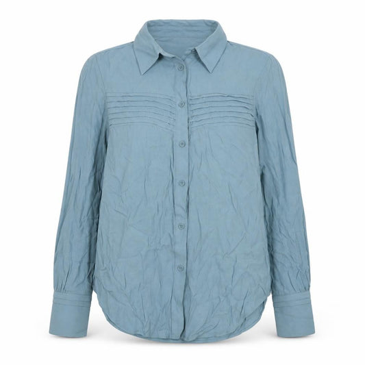 Front view of Marks & Spencer women’s blue viscose basic button-up, size UK 6, collared