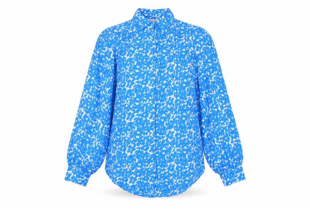 Front view of Goa women’s blue geometric viscose basic button-up, size S, collared