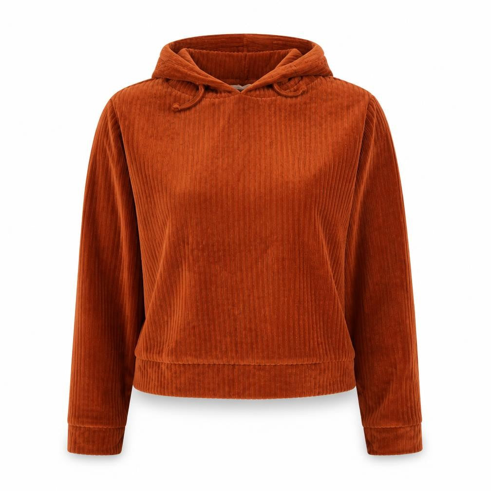Front view of Candy women’s brown polyester pullover hoodie, size UK 12, pullover