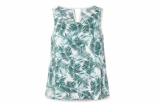 Front view of ICHI women’s green floral polyester basic tank, size M, round neck
