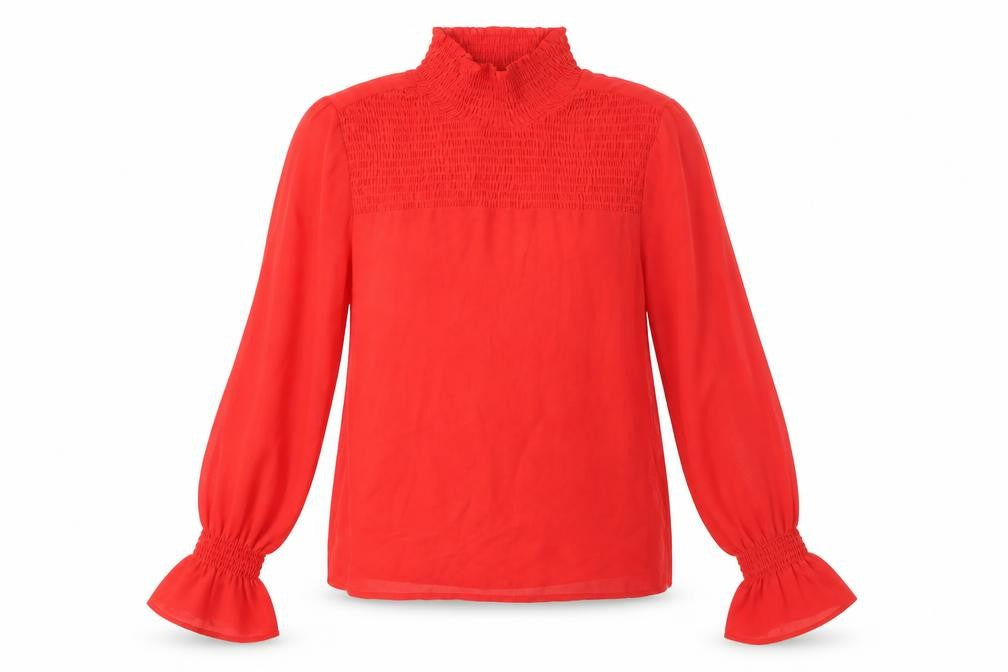 Front view of Monki women’s red polyester basic blouse, size XS, high neck