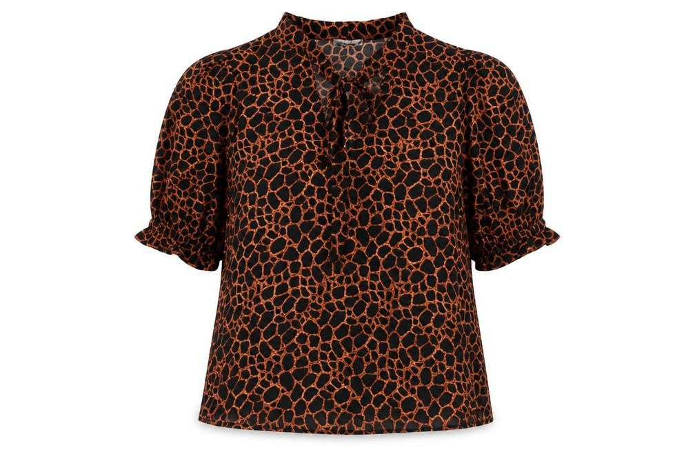 Front view of LOSTSTOCK women’s black animal print polyester basic blouse, size L, v-neck - leopard print